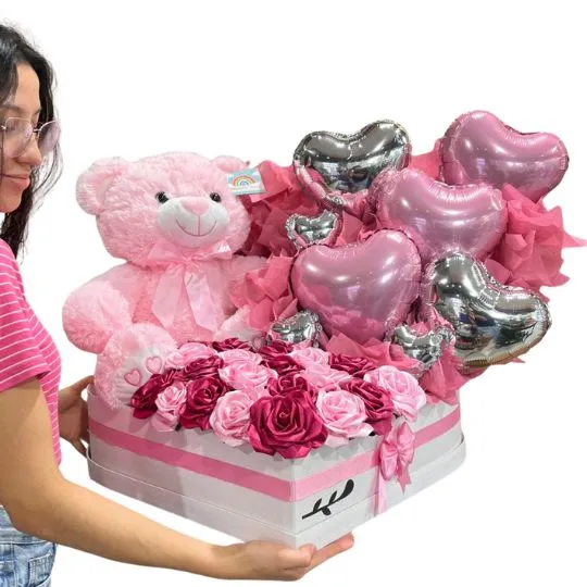 box con peluche pink rosas de raso y globos xl